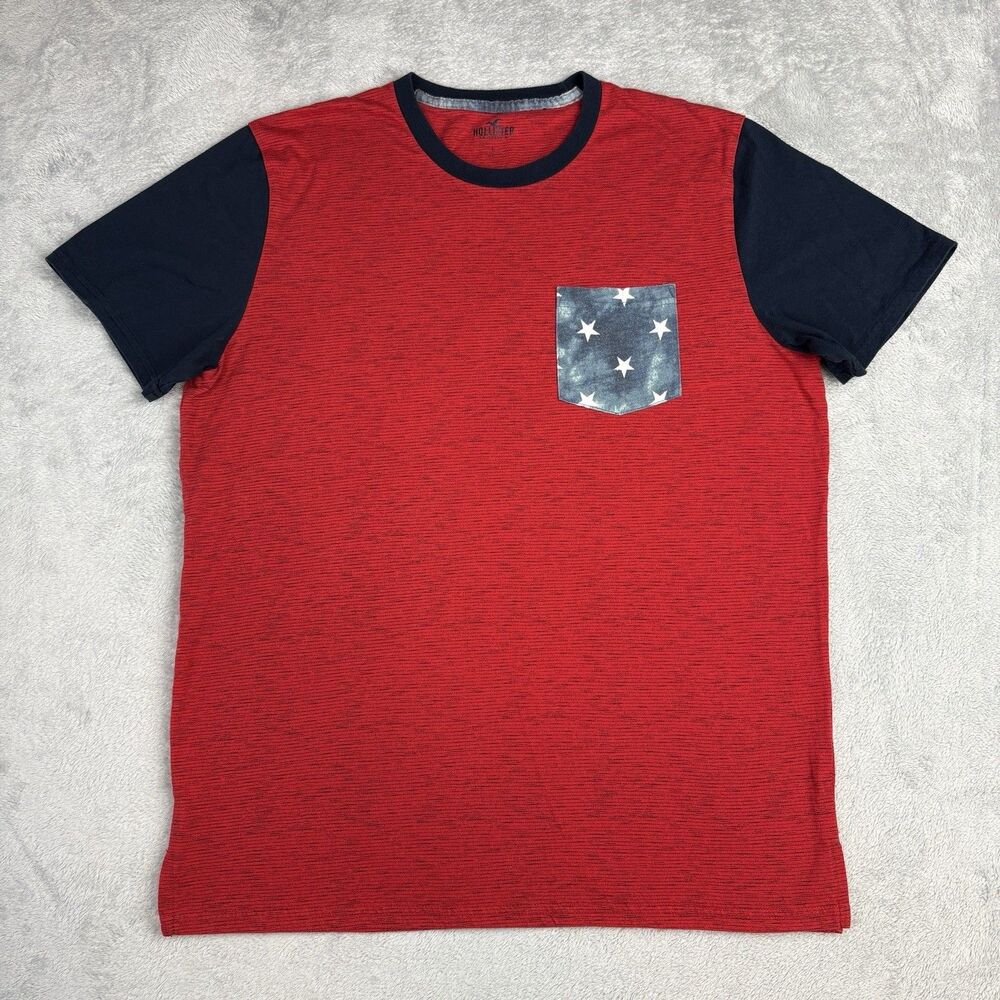 Vintage Hollister Shirt Mens L Red Blue Pocket Tee Y2K Stars Stripes America USA